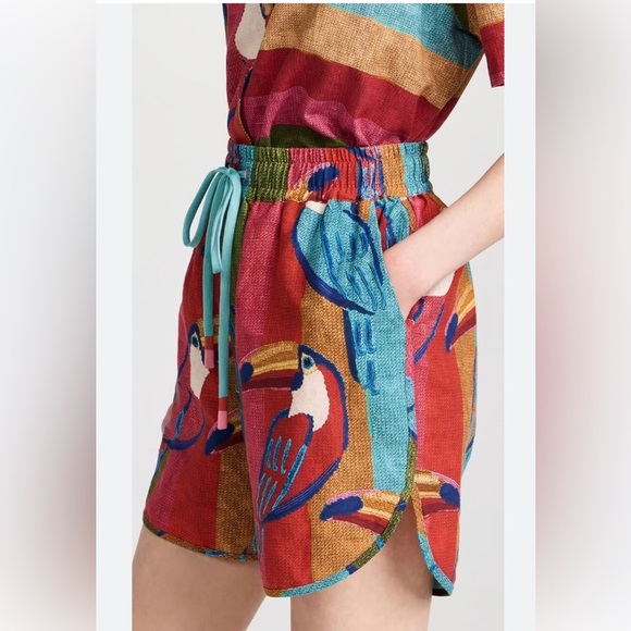 *NWT* FARM Rio Women’s XS Wonderful Toucans Uni Linen-Blend High-Rise Shorts - Picture 1 of 16